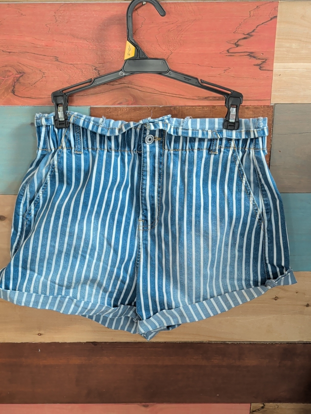 No Boundaries Blue and White Striped Paperbag Waist Denim Shorts